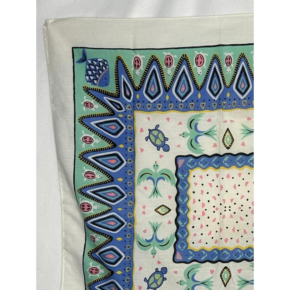 Vintage Sea Turtle Fish Bird Bandana White Blue Green Novelty Scarf Made in USA